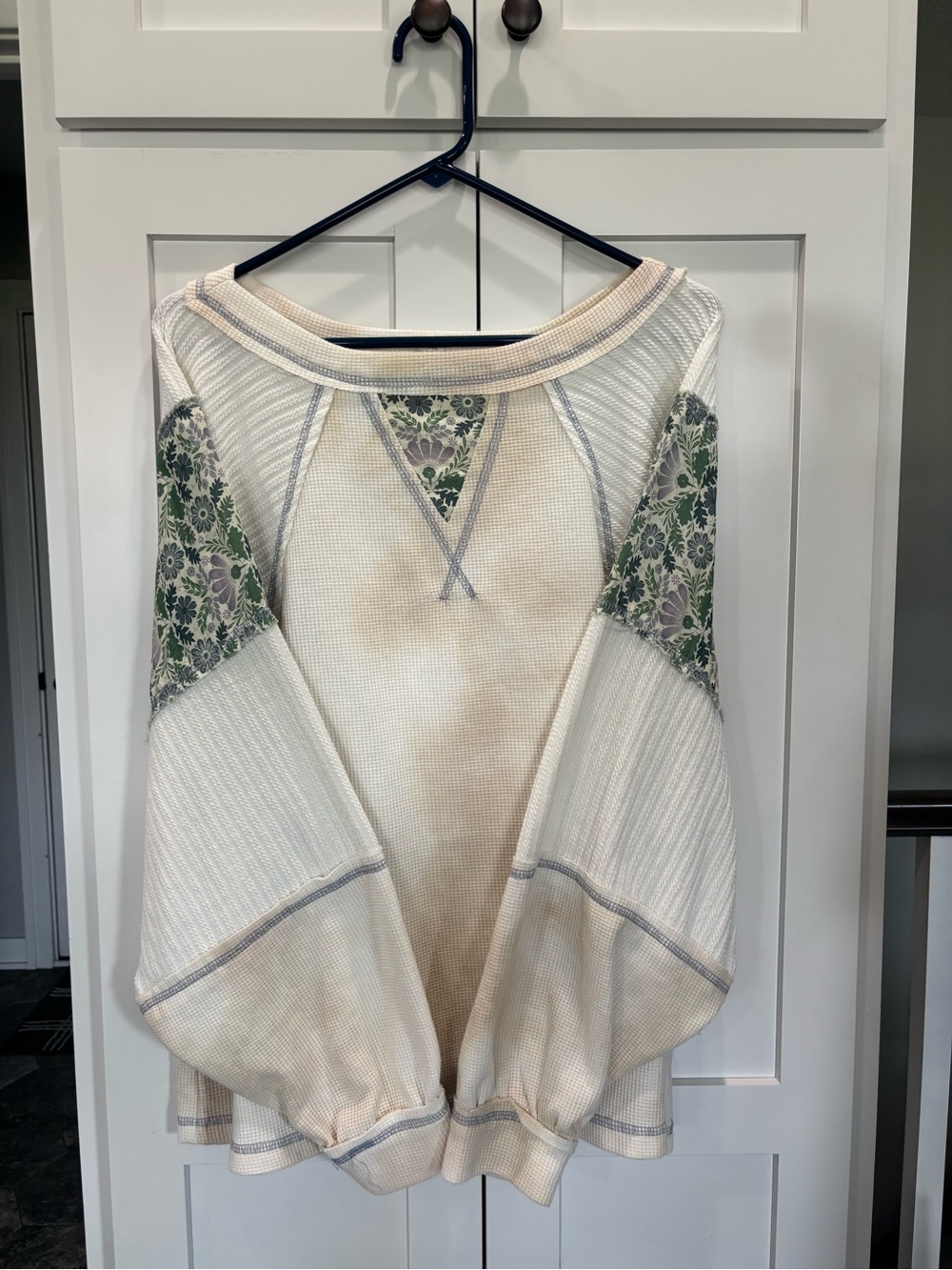 POL Cream Waffle-Knit Sweater with Green Floral Panels